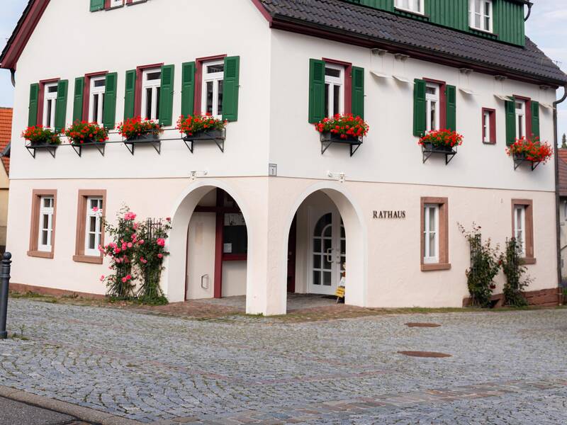 Ein altes Rathaus mit Blumen an den Fenstern.