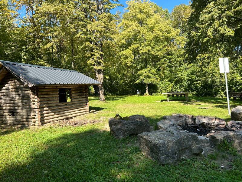 Eine Grillstelle und eine kleine Hütte im Wald.